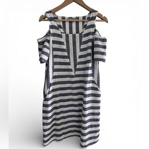 Kenar Linen Blend Striped Cold Shoulder Dress M Medium